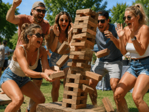 Guests playing Giant Jenga at an outdoor party