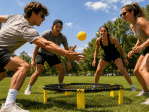 Guests playing Spikeball outdoors at a party